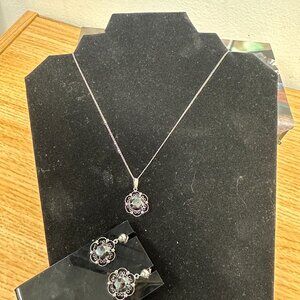 Vintage Sorrento Sterling Silver Filigree Hematite Earrings & Necklace Set
